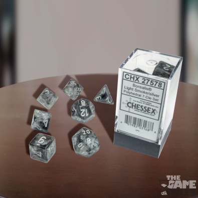 Borealis Polyhedral Light  Smoke/Silver Luminary Dice Set x7