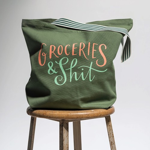 Em & Friends: Groceries & Shit (Olive) - Πάνινη Τσάντα